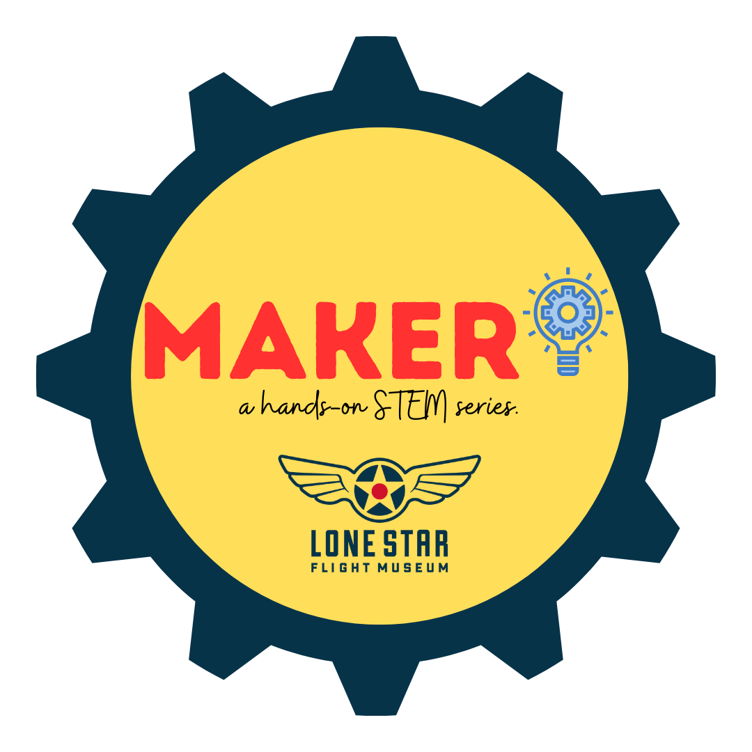 A graphic gear logo in blue, yellow, and red invites folks to visit the Lone Star Flight Museum to join a hands on STEM series event in Houston, TX.