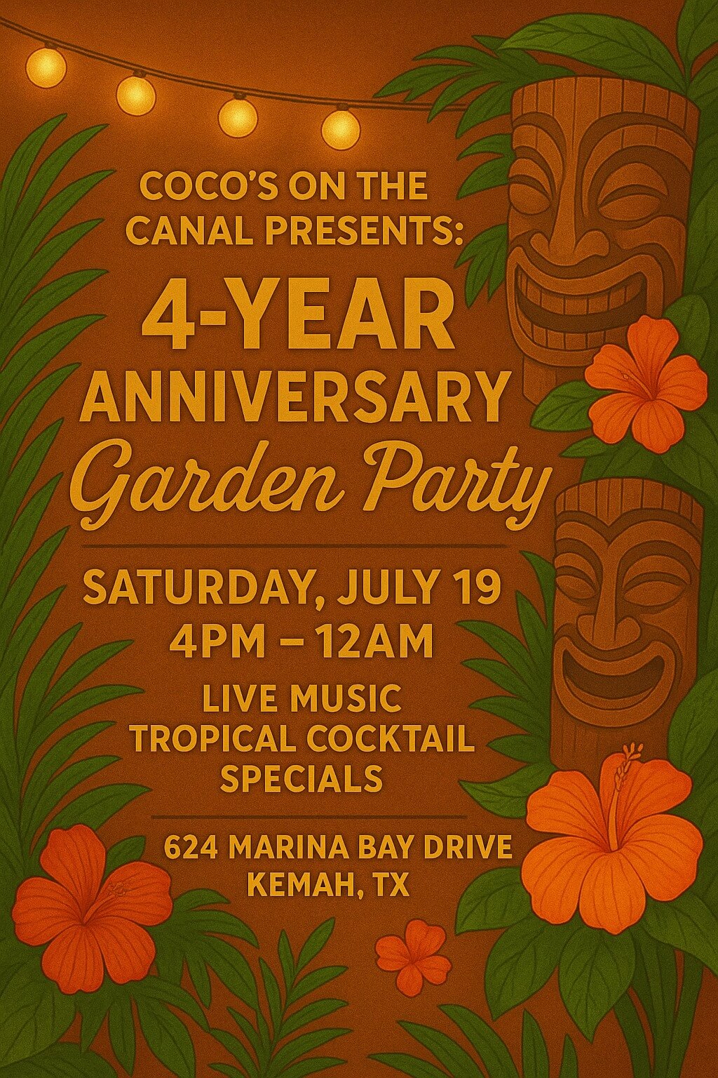 A graphic tiki-themed image shares the details of the 4-Year Anniversary Garden Party hosted at Coco's on the Canal in Texas.